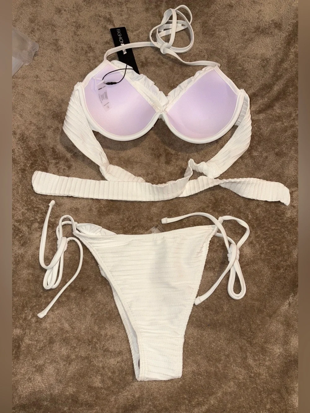 NWT White Ribbed Tie-Side Underwire Bikini Set